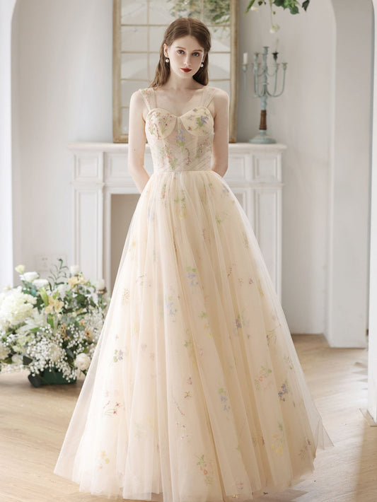 Champagne Tulle Lace Long Prom Dress A-Line Lace Formal Dress