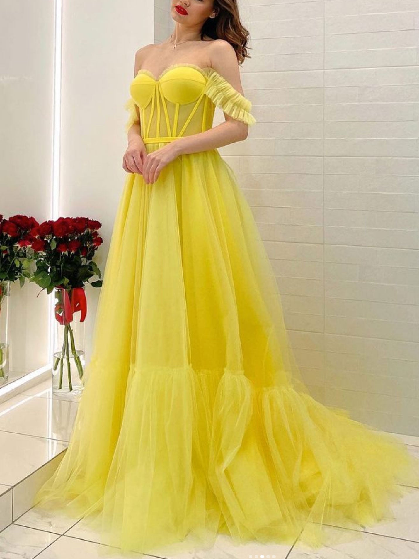 Yellow Off-Shoulder Tulle Long Prom Dress Yellow Tulle Evening Dress