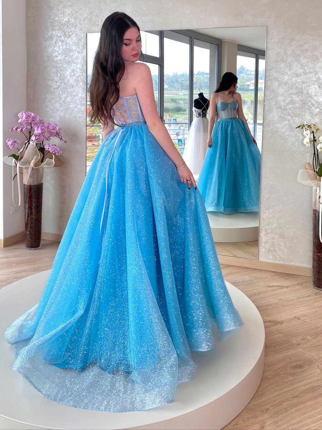 Blue Sweetheart Neck Tulle Sequin Long Prom Dress Blue Evening Dress