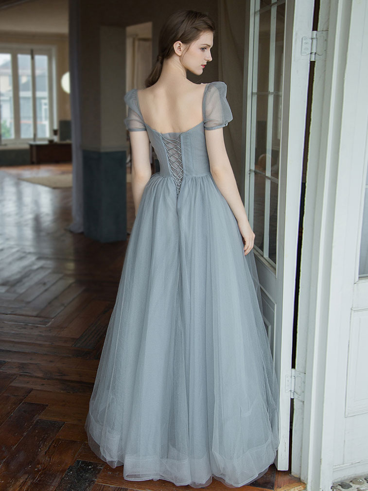 Gray Tulle Beaded Long Prom Dress Tulle Long Sweet 16 Dress