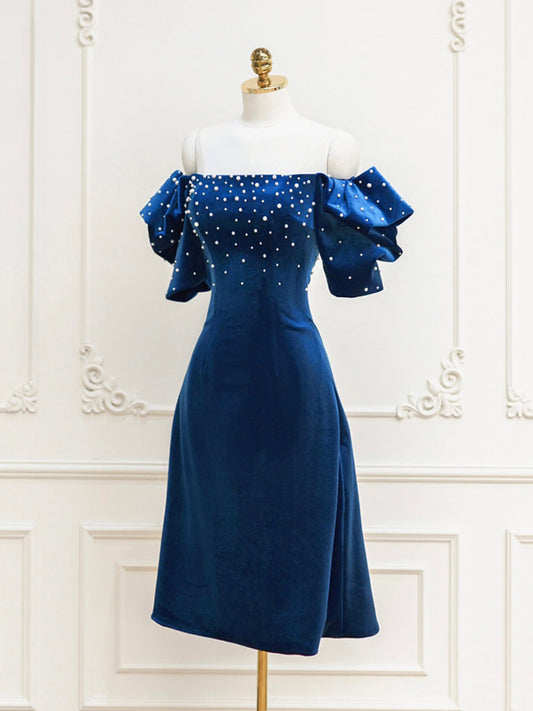 Blue Velvet Beaded Short Prom Dress Blue Cocktail Dress