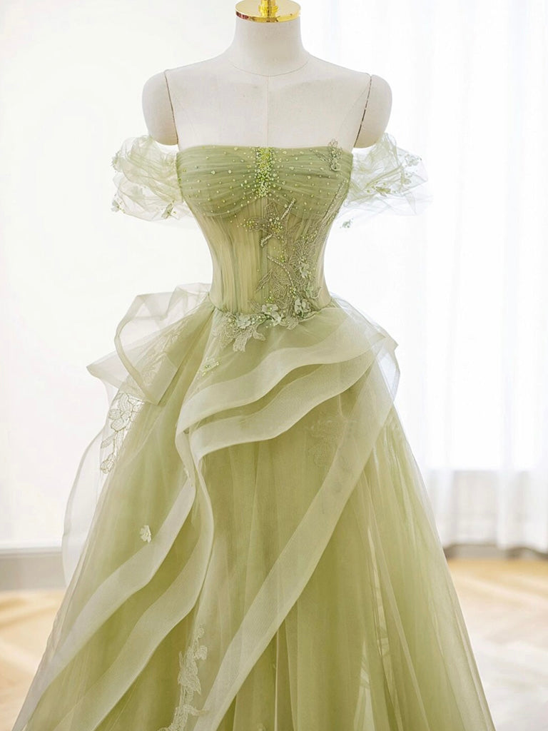 A-Line Off-Shoulder Tulle Lace Green Long Prom Dress Green Long Graduation Dress