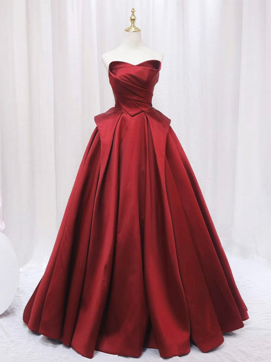 A-Line Satin Burgundy Long Prom Dress Burgundy Formal Gown