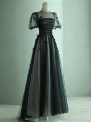 Black A-Line Tulle Butterfly Long Prom Dress Black Long Evening Dress