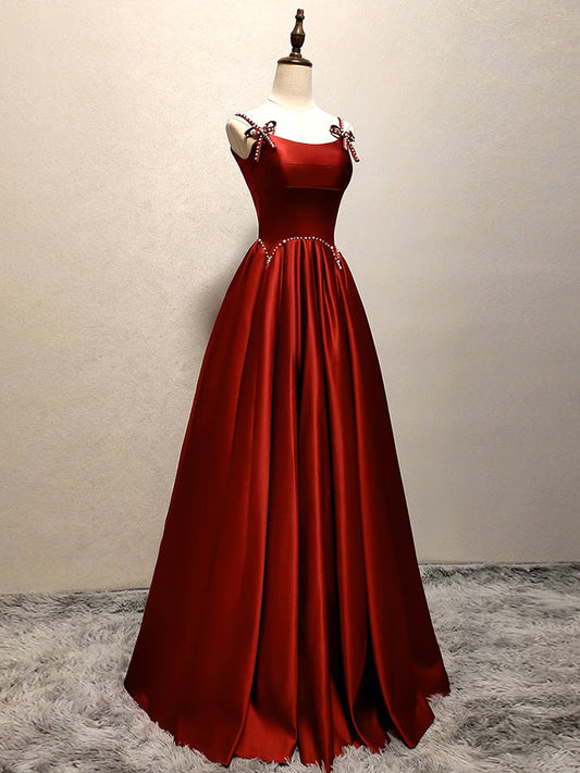 A-Line Satin Burgundy Long Prom Dress Burgundy Long Formal Dress