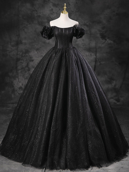 A-Line Off-Shoulder Tulle Black Long Prom Dress Black Long Evening Gown