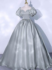 Gray Round Neck Satin Long Prom Dress Gray Sweet 16 Dress