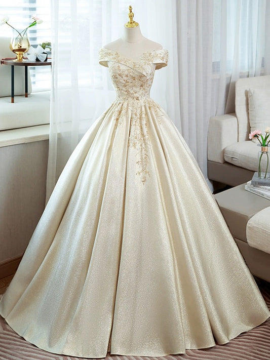 A-Line Satin Lace Off-Shoulder Champagne Long Prom Dress