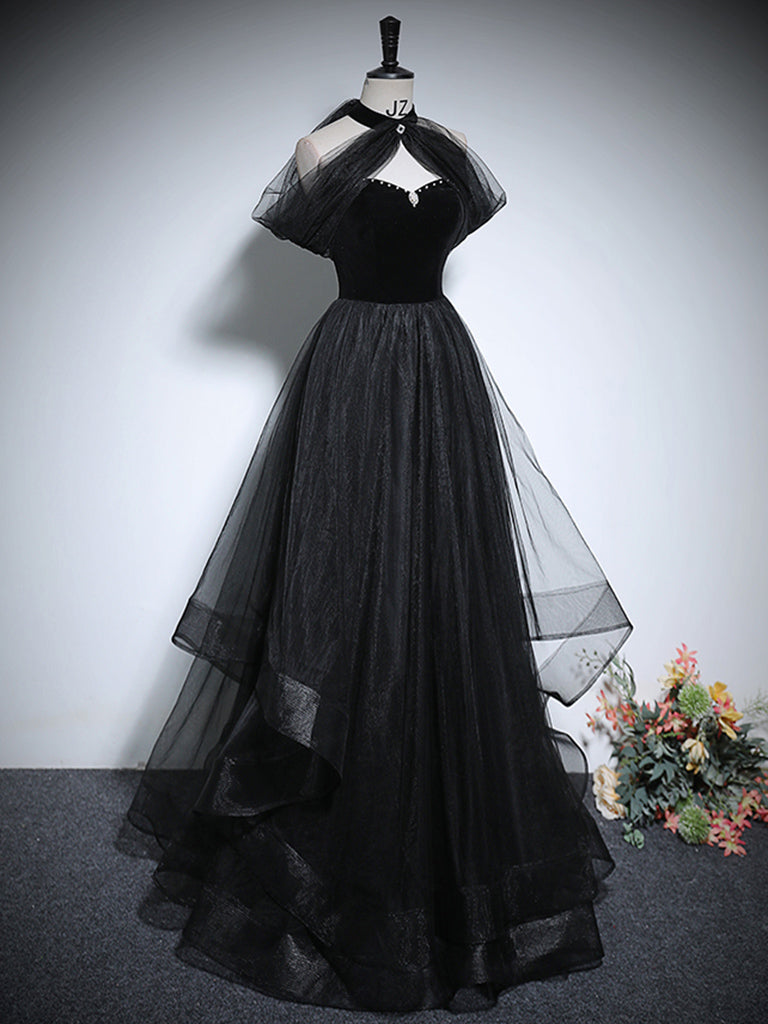 Black A-Line Tulle Long Prom Dress Black Long Evening Dress