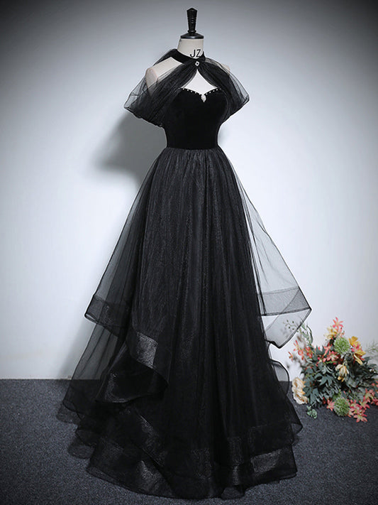 Black A-Line Tulle Long Prom Dress Black Long Evening Dress