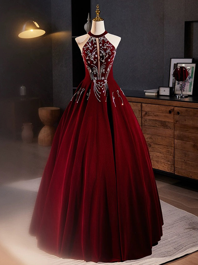 A-Line Velvet Sequin Burgundy Long Prom Dress Burgundy Long Formal Gown