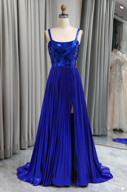 Glitter Royal Blue A Line Long Mirror Prom Dress With Slit