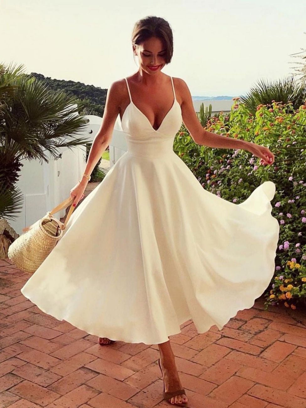 A-Line V-Neck White Prom Dress Satin Tea-Length White Formal Wedding Party Dress