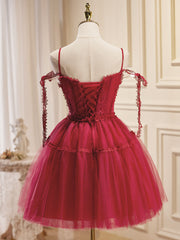 A-Line Burgundy Lace Short Prom Dress Burgundy Homecoming Dress