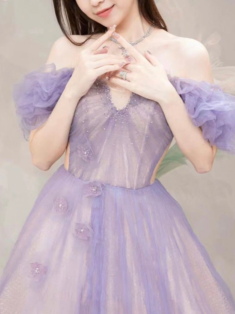 A-Line Off-Shoulder Purple Tulle Long Prom Dress Purple Formal Dress