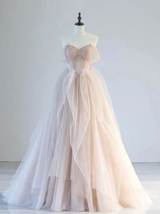 Champagne Pink Off-Shoulder Tulle Lace Long Prom Dress Champagne Formal Dress