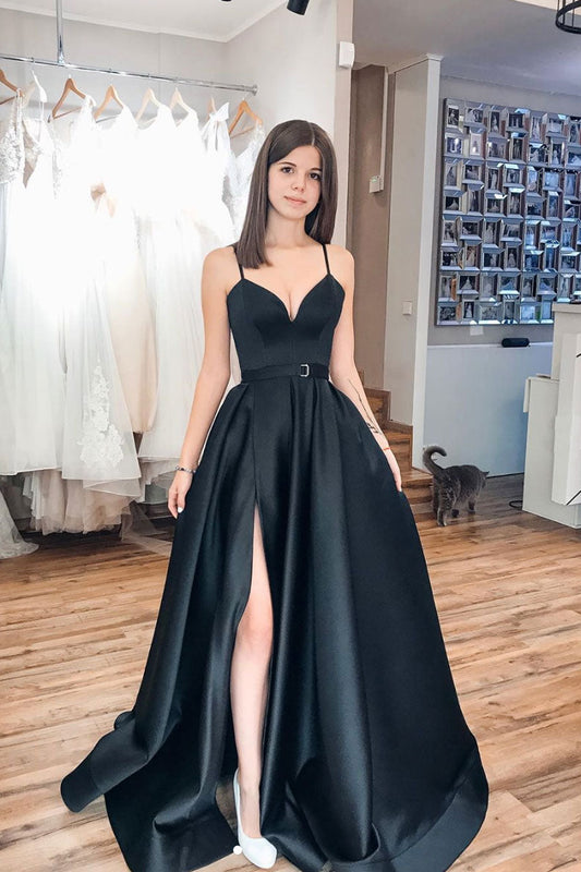 Black Sweetheart Satin Long Prom Dress Black Evening Gown