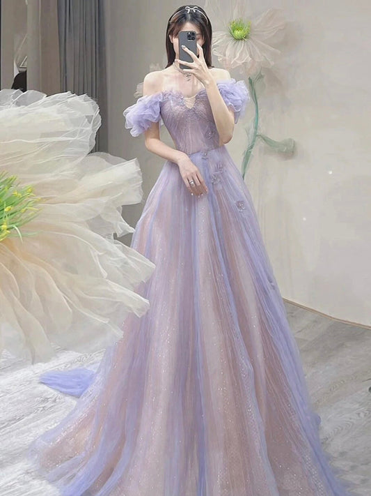 A-Line Off-Shoulder Purple Tulle Long Prom Dress Purple Formal Dress