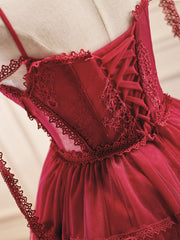 A-Line Burgundy Lace Short Prom Dress Burgundy Homecoming Dress