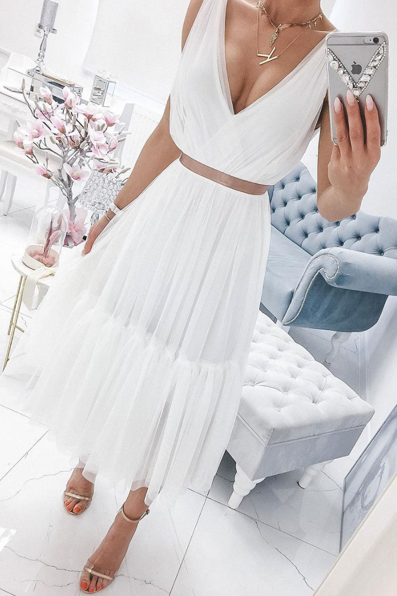 Simple White V-Neck Chiffon Prom Dress White Tulle Formal Dress