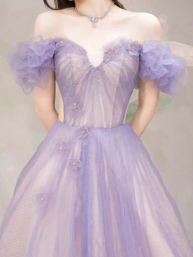 A-Line Off-Shoulder Purple Tulle Long Prom Dress Purple Formal Dress