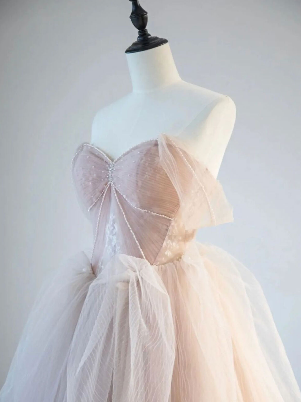 Champagne Pink Off-Shoulder Tulle Lace Long Prom Dress Champagne Formal Dress