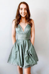 Green V-Neck Short Prom Dress Green Cocktail Dress