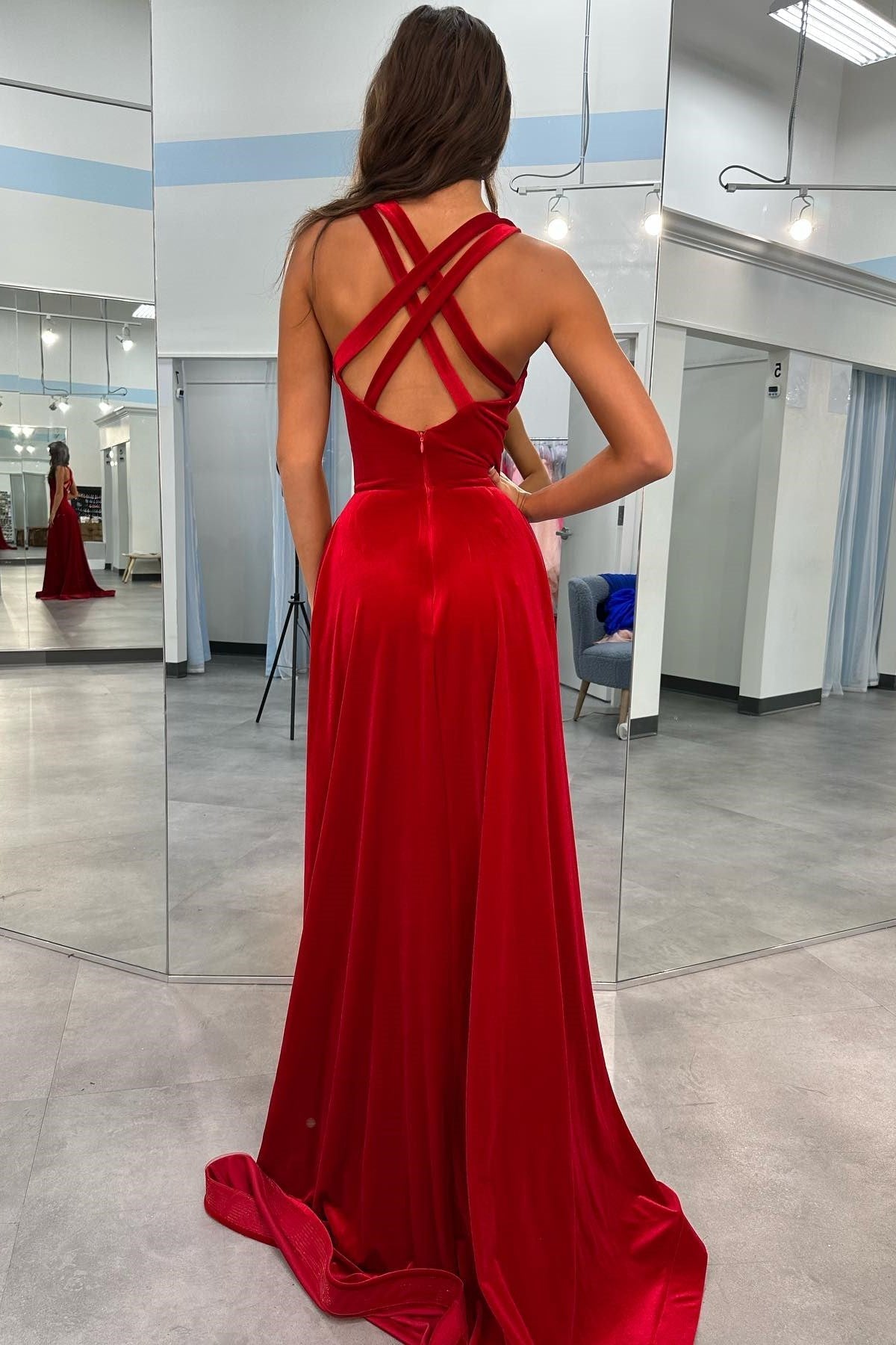 RylanDressystars Red Velvet Plunge V Cross Back A-Line Long Formal Dress