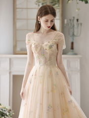 Champagne Tulle Lace Long Prom Dress A-Line Lace Formal Dress