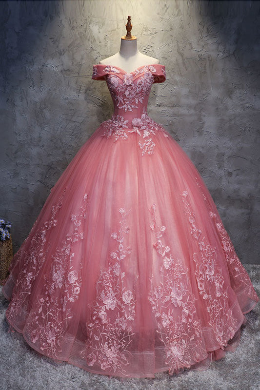 Pink Sweetheart Off-Shoulder Lace Tulle Long Prom Gown Sweet 16 Dress