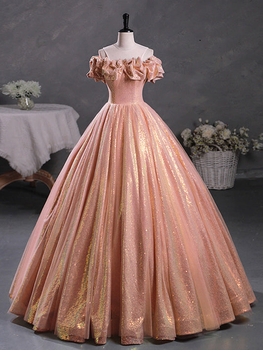 A-Line Off-Shoulder Sequin Orange Pink Long Prom Dress Sequin Evening Dress