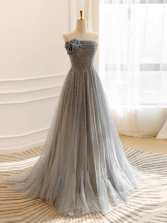 A-Line Gray Tulle Sequin Long Prom Dress Gray Long Formal Dress