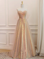 A-Line Sweetheart Neck Gold Sequin Long Prom Dress Gold Evening Dress