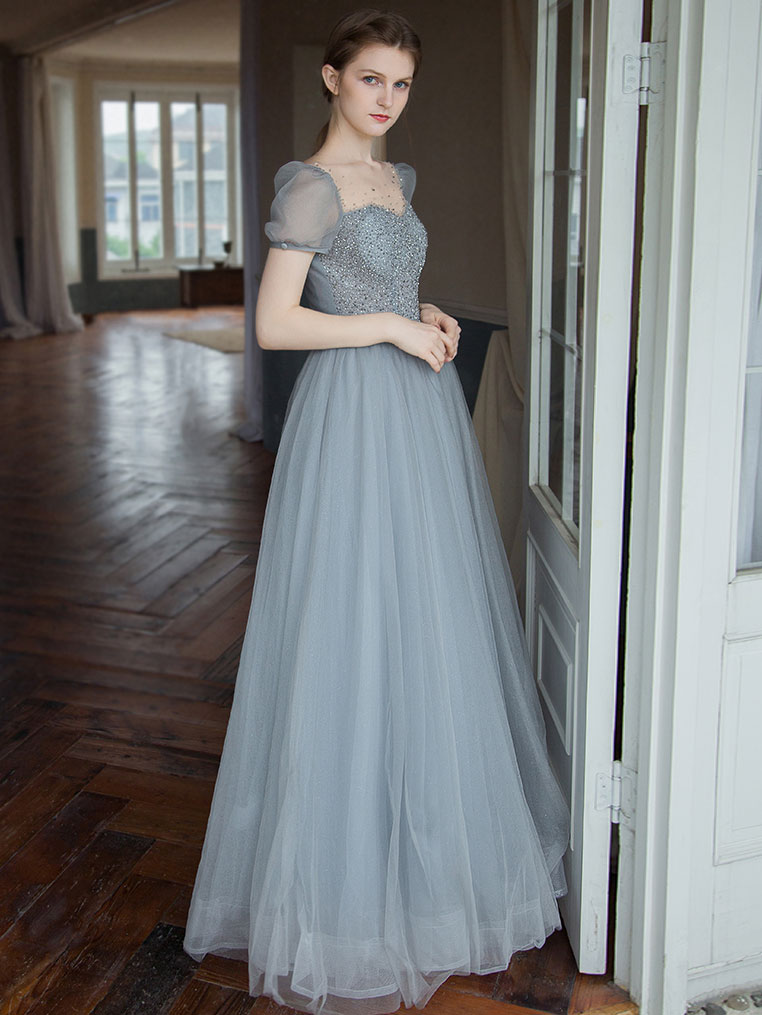 Gray Tulle Beaded Long Prom Dress Tulle Long Sweet 16 Dress