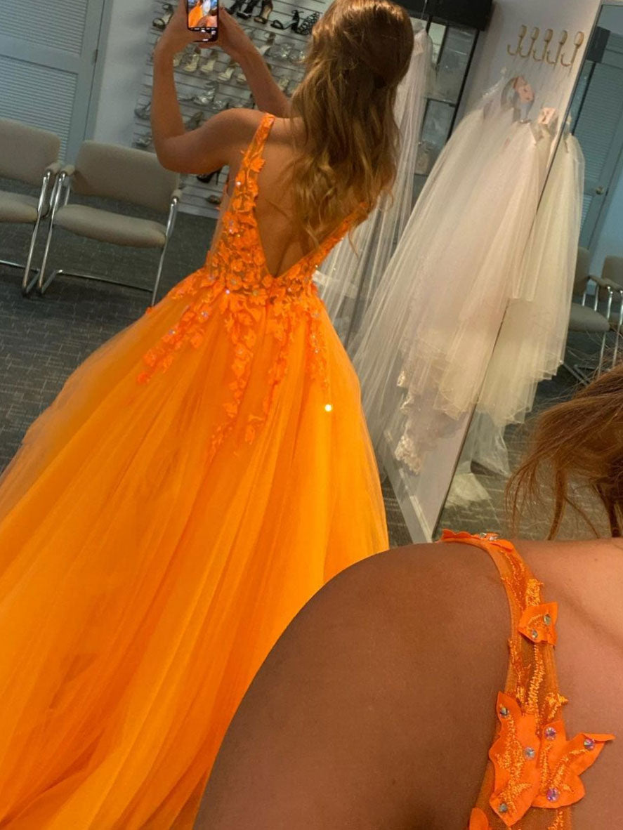 Orange V-Neck Tulle Lace Long Prom Dress Orange Evening Dress