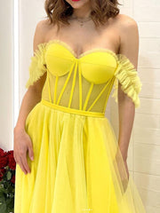 Yellow Off-Shoulder Tulle Long Prom Dress Yellow Tulle Evening Dress