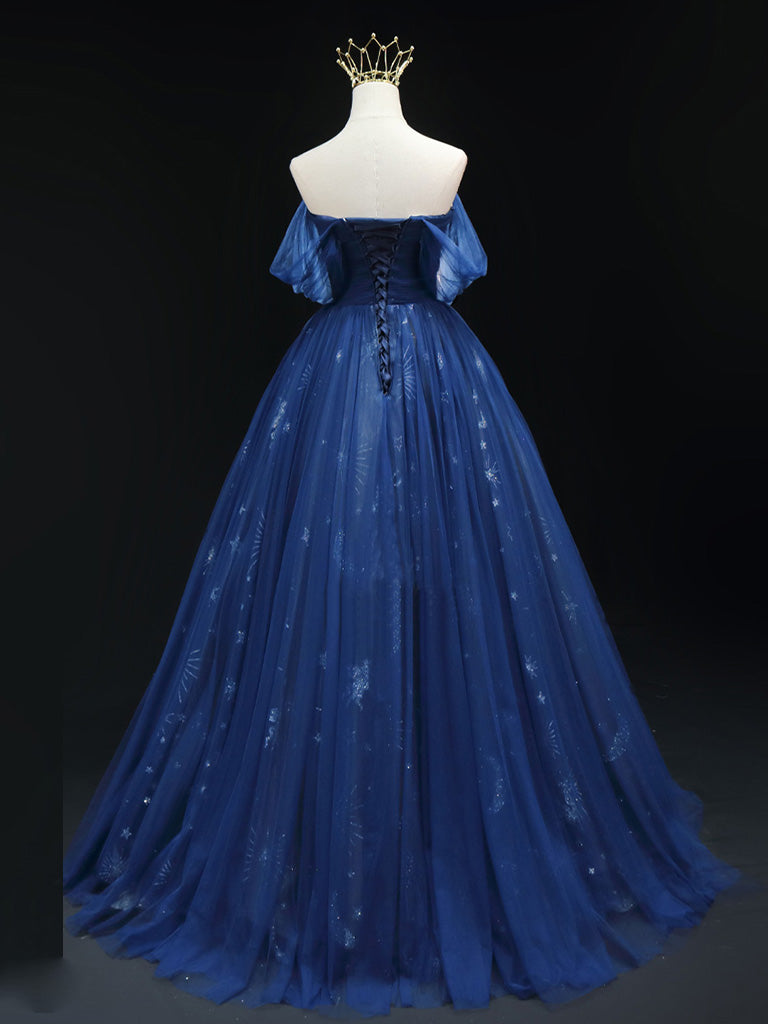 A-Line Off-Shoulder Tulle Dark Blue Long Prom Dress Blue Tulle Formal Gown