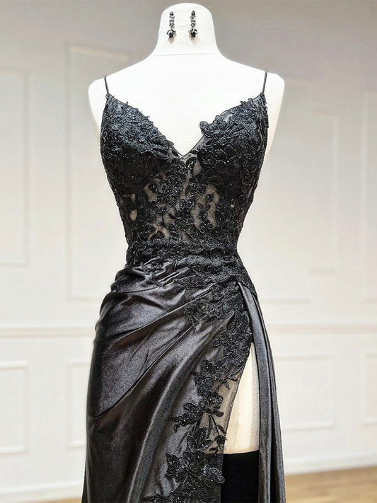 Mermaid V-Neck Satin Lace Black Long Prom Dress Black Evening Gown