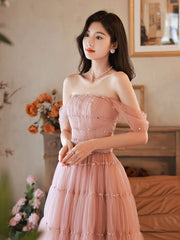 A-Line Pink Off-Shoulder Long Prom Dress Pink Long Formal Dress