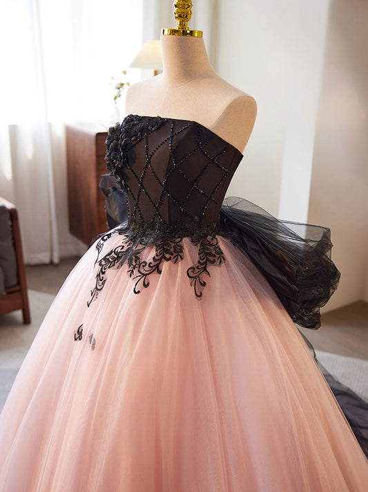 Pink A-Line Tulle Lace Long Prom Dress Pink Tulle Formal Dress