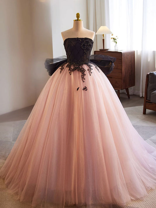 Pink A-Line Tulle Lace Long Prom Dress Pink Tulle Formal Dress