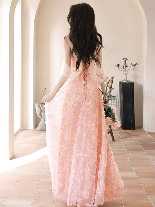 A-Line Off-Shoulder Tulle Lace Pink Long Prom Dress Pink Long Formal Dress