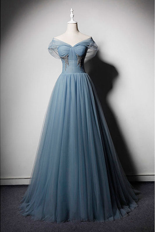 Blue Tulle Off-Shoulder Long Prom Dress Blue Tulle Evening Dress