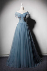 Blue Tulle Off-Shoulder Long Prom Dress Blue Tulle Evening Dress