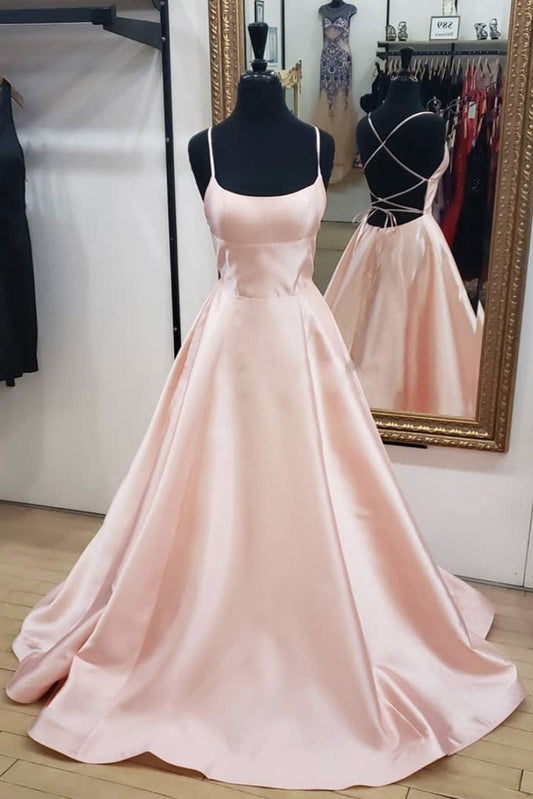 Simple Pink Satin Long Prom Dress Pink Evening Gown