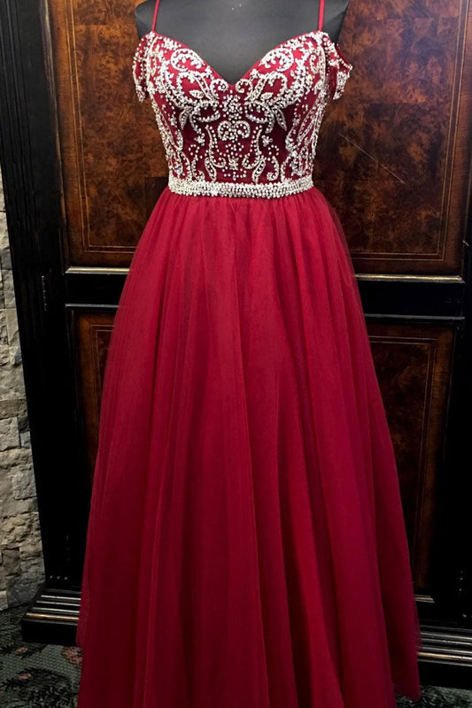 Burgundy Sweetheart Tulle Beaded Long Prom Dress Evening Dress