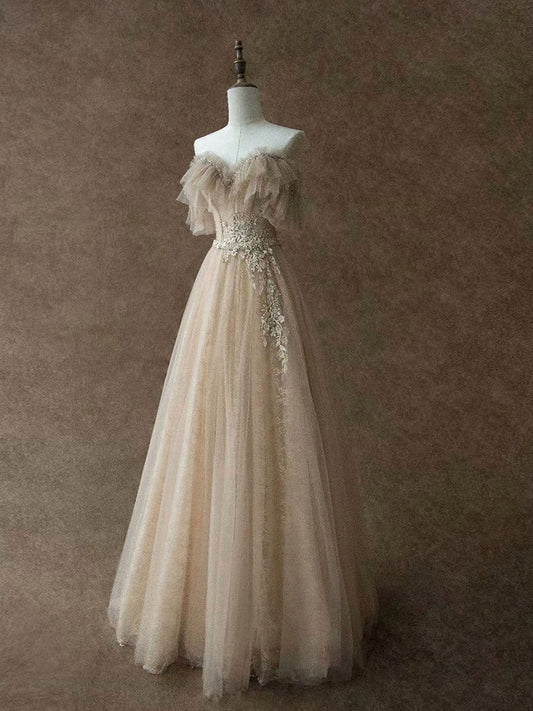 A-Line Champagne Tulle Lace Long Prom Dress Champagne Formal Evening Gown