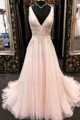 Unique V-Neck Tulle Lace Appliqu篓娄 Long Prom Dress Pink Evening Dress