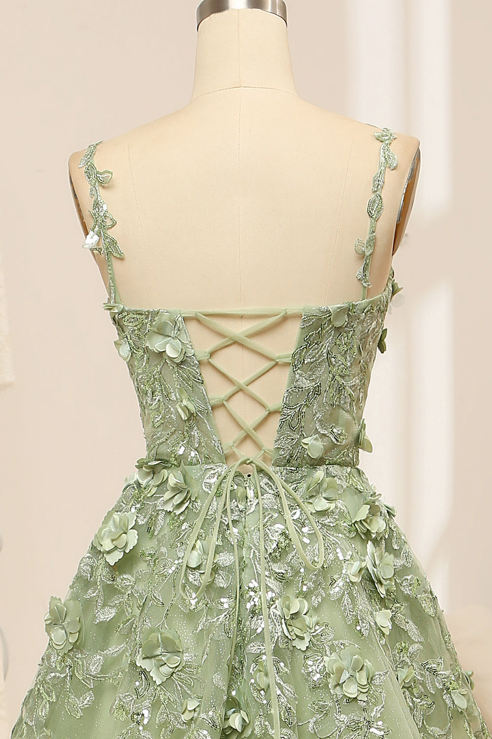 Green Tulle A Line Spaghetti Straps Long Prom Dress With Appliques