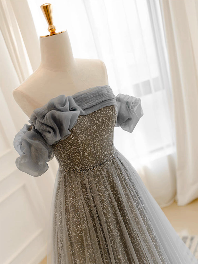 A-Line Gray Tulle Sequin Long Prom Dress Gray Long Formal Dress